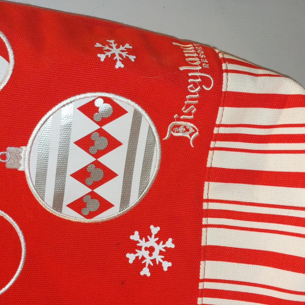 Disneyland Christmas Holiday Ornaments Mickey Red Canvas Tote Bag 20" Preowned - Picture 2 of 8